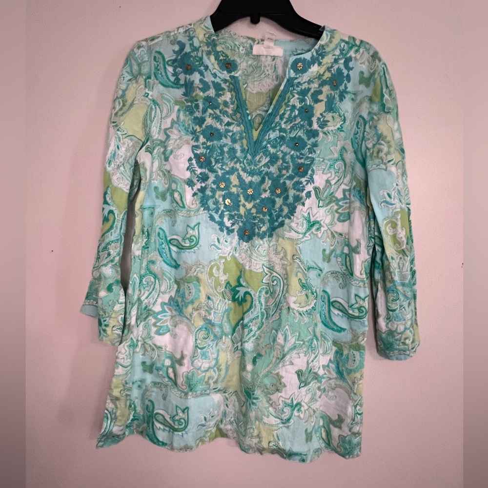 Charter Club Luxury 100% linen tunic top in a green and white paisley print